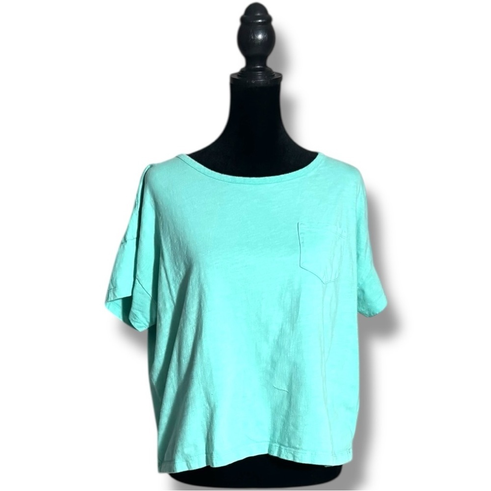 J. Crew Vibrant Light Teal Boxy Cropped Cotton Simple Short Sleeve Tee - Picture 3 of 16